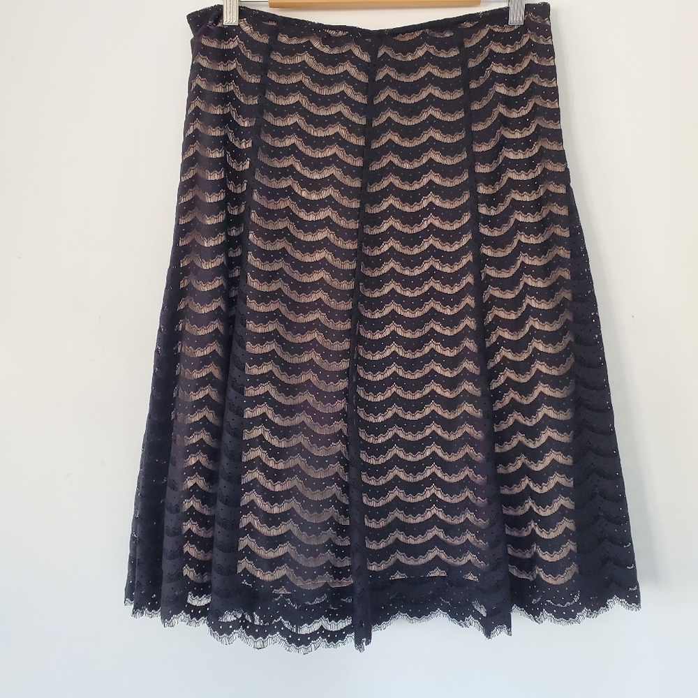 Apt. 9 Sz 10 Black Lace Beige Lining Flare Midi Skirt Side Zip Retro Funky Goth